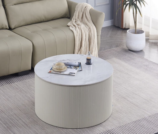 Table Basse Valmy – Pieds Beige & Plateau Céramique Effet Marbre Gris 90x45 cm