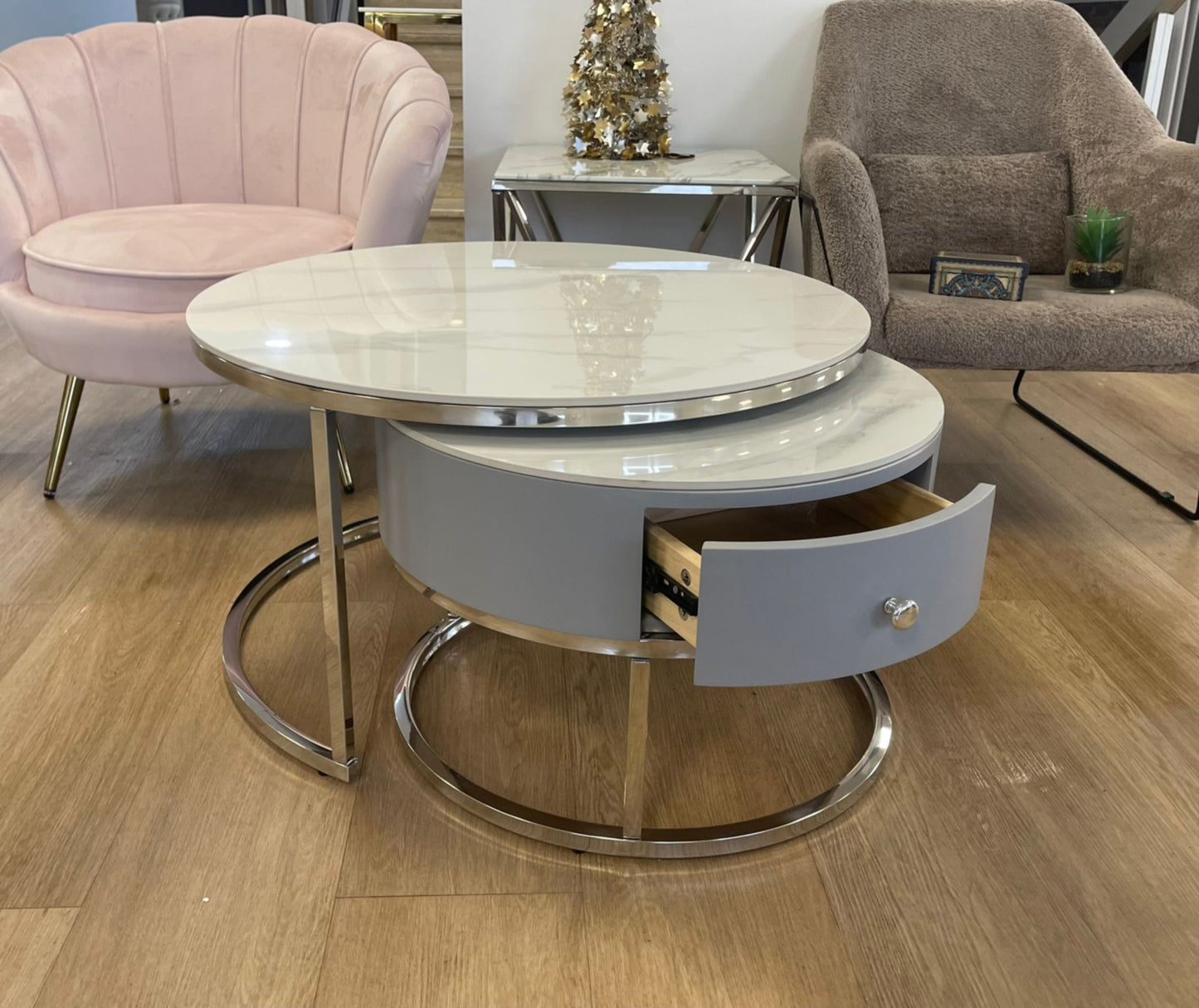 Tables Basses Gigognes Novela avec Tiroir – Marbre Blanc, Pieds Chrome, 80+60 cm