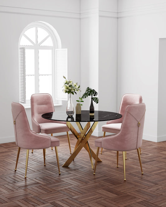 Table repas Jessica – Pieds gold et plateau effet marbre noir 120x75 cm