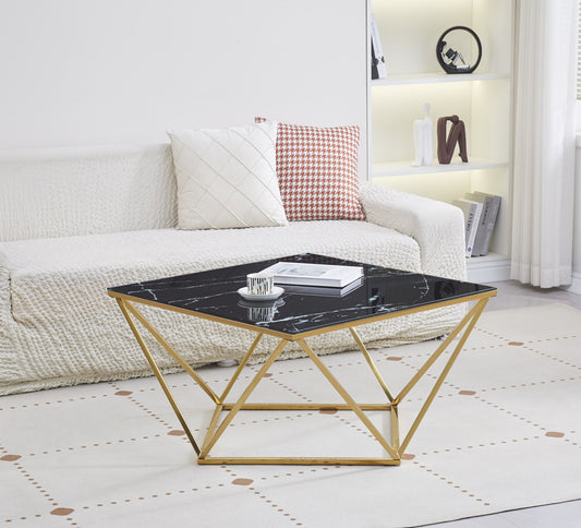 Table Basse Alina Gold – Plateau Marbre 100x100x45 cm