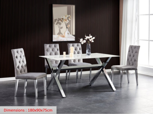 Table repas Ixe – Pieds métal chrome et plateau effet marbre blanc 180x90x70 cm