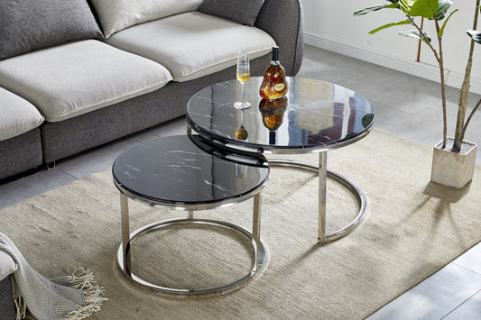 Tables Basses Gigognes Romeo – Pieds Inox & Plateau Marbre Noir 80x45 + 60x38 cm