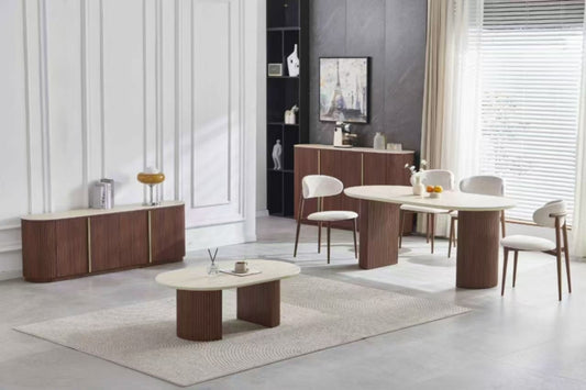 Table Basse Calypso – Plateau Céramique Effet Travertin & Pied Noyer 120 cm