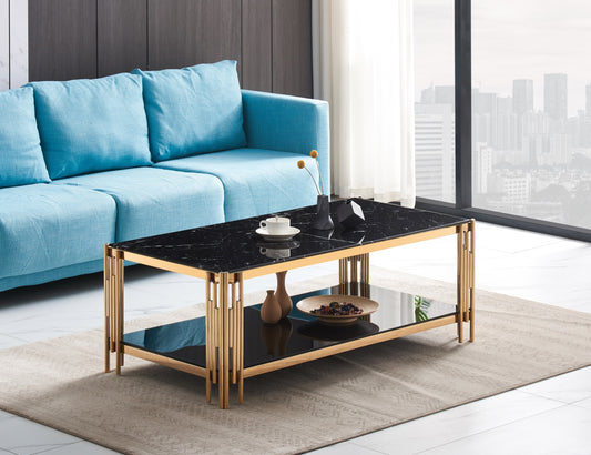 Table Basse Flute – Pieds Gold, Plateau Noir & Marbre Noir 120x60x45 cm