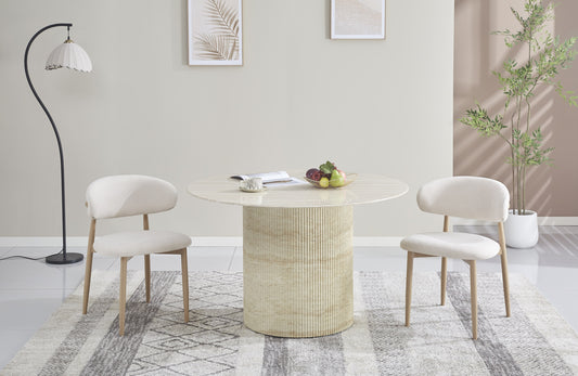 Table à manger ronde Baietaa 120 cm – Plateau céramique travertin brillant, pied effet travertin