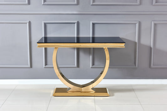 Console Omega en Métal Doré avec Plateau en Verre Noir – 120x40x78 cm