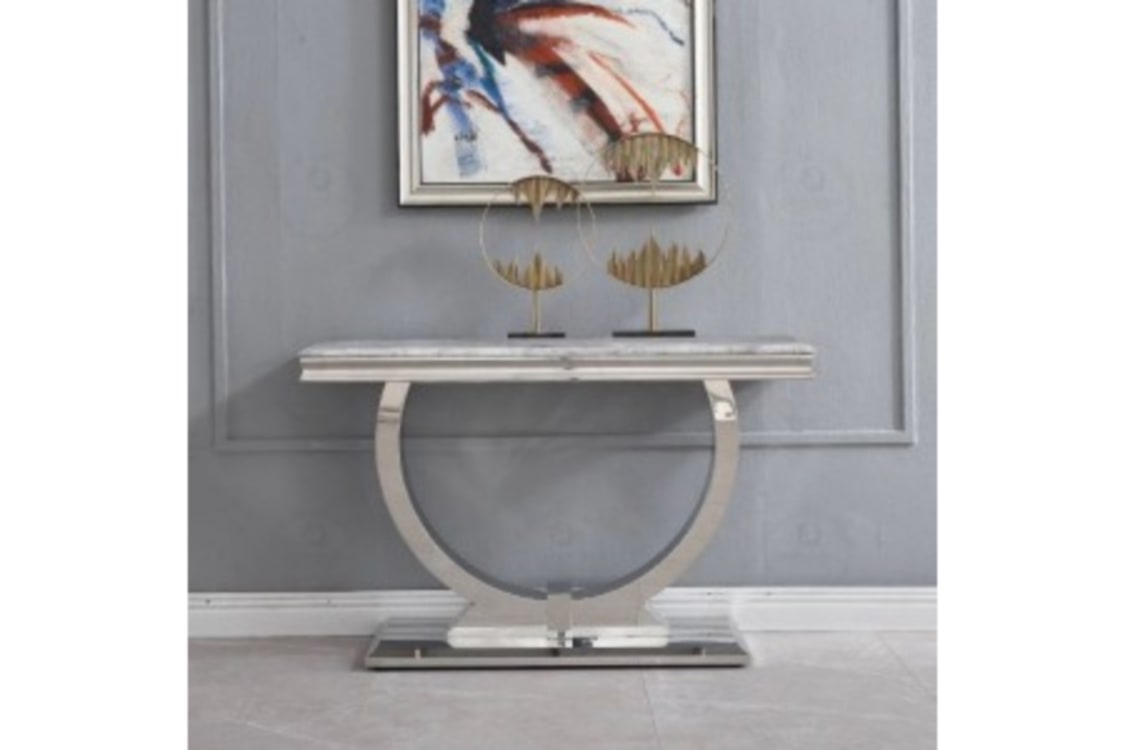 Console Omega en Chrome avec Plateau Marbre Blanc – 120x40x78 cm