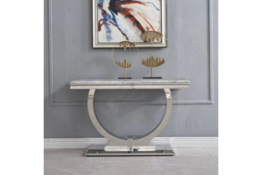 Console Omega en Chrome avec Plateau Marbre Blanc – 120x40x78 cm