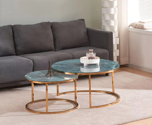 Table Basse Gigogne Romeo – Pieds Gold & Plateaux Céramique Effet Marbre Gris Vert 80x45 + 60x38 cm