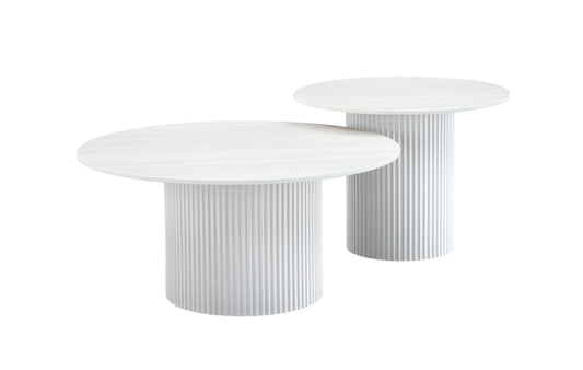 Tables Basses Gigognes Mina – Pieds Blancs & Plateaux en Céramique Effet Bois Blanc Mat (60x45 cm + 80x38 cm)