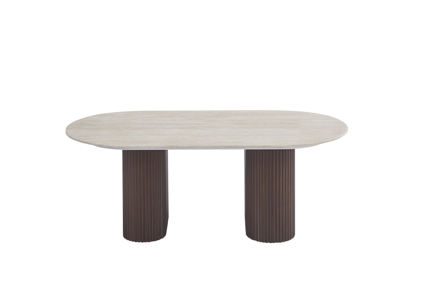 Table Basse Roxy – Pieds en Noyer & Plateau en Céramique Effet Travertin Brillant 120x60x45 cm