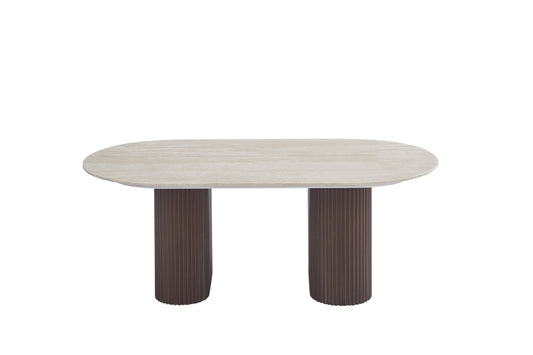 Table Basse Roxy – Pieds en Noyer & Plateau en Céramique Effet Travertin Brillant 120x60x45 cm