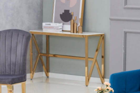 Console Majestique en Métal Doré avec Plateau Marbre Blanc – 120x40x78 cm
