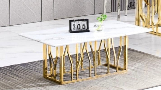 Table Basse Portofino – Pieds Gold & Plateau Marbre Blanc 120x70 cm