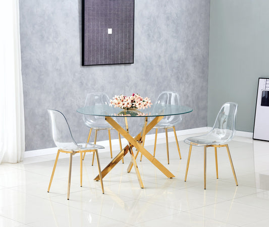 Table de repas Jessica 100x75 cm – Pieds finition gold et plateau en verre transparent