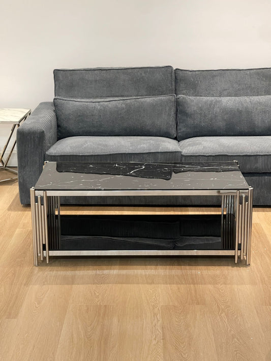Table Basse Flute – Pieds Chrome & Plateaux Verre Noir et Effet Marbre Noir 120x60x45 cm