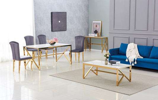 Table à manger Majestique – Pieds gold et plateau en verre effet marbre blanc 150x90x75 cm