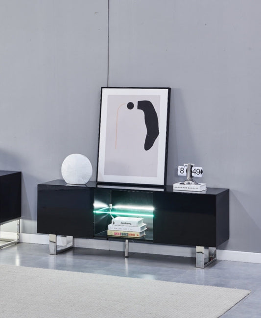 Meuble TV Alya – Bois Laqué avec Pieds Chrome