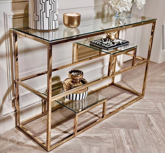 Console Romy à Étagères en Métal Doré avec Plateau Verre Transparent – 120x40x80 cm