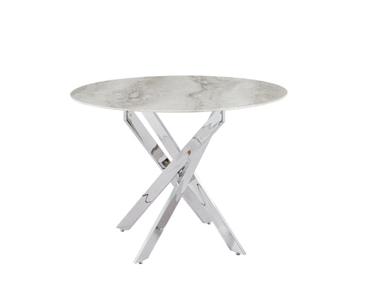 Table de repas Jessica – Pieds chrome et plateau céramique effet marbre greige 100x75 cm