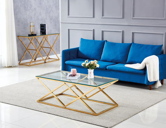 Table Basse Triangle – Pieds Gold & Plateau Transparent 120x60 cm