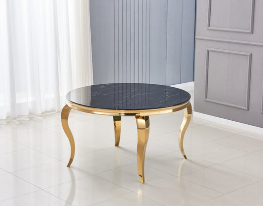 Table repas Baroque ronde – Pieds gold et plateau effet marbre noir Ø130x75 cm