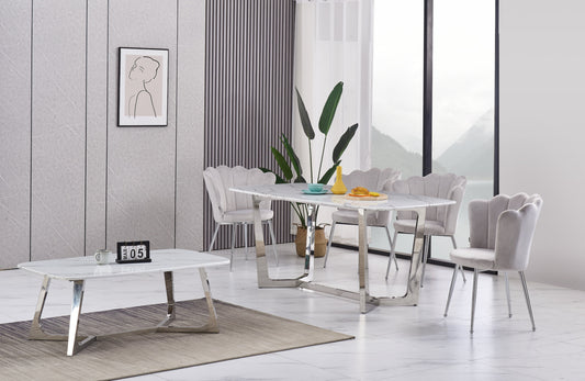 Table à manger Gossip – Pieds chrome et plateau effet marbre blanc 180x90x75 cm