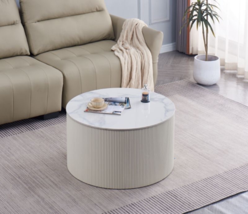 Table Basse Valmy – Pieds Beige & Plateau Céramique Effet Marbre Blanc 90x45 cm