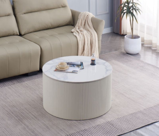 Table Basse Valmy – Pieds Beige & Plateau Céramique Effet Marbre Blanc 90x45 cm