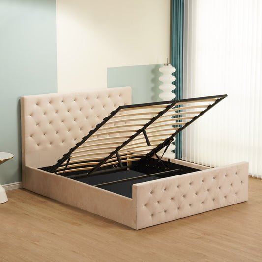 Lit coffre Victoria capitonné avec strass en velours beige 140x190 cm – Chic et rangement malin