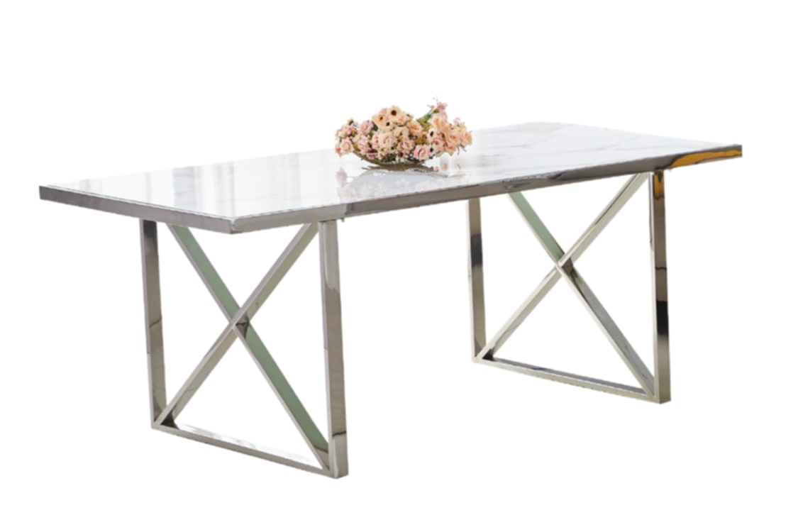 Table repas Levanto – Pieds chrome et plateau effet marbre blanc 180x90x75 cm