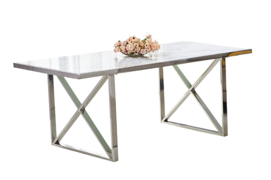 Table repas Levanto – Pieds chrome et plateau effet marbre blanc 180x90x75 cm
