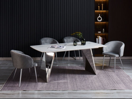 Table à manger Graffi – Pieds chrome et plateau céramique effet marbre blanc 180x90x75 cm