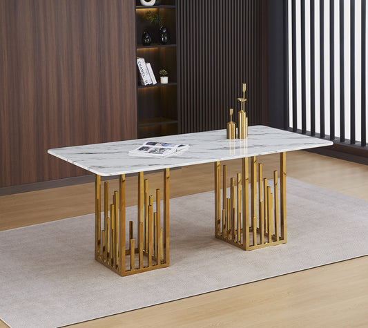Table de repas Stalax – Pieds finition gold et plateau pierre effet marbre blanc 180x90x75 cm