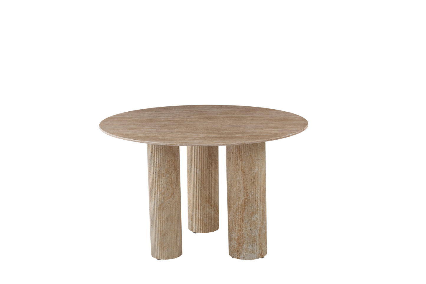 Table de repas Anaïs – Pieds métal effet travertin et plateau céramique travertin Ø120 cm