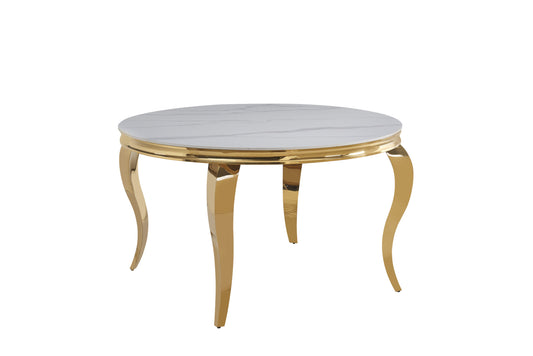 Table baroque ronde – Pieds finition gold et plateau céramique effet marbre blanc 130x75 cm