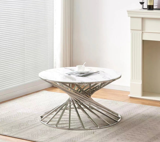 Table Basse Nautilus – Finition Chrome & Plateau en Marbre Blanc Ø80 cm