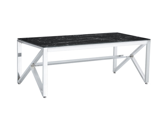 Table Basse Majestique – Pieds Chrome & Plateau Verre Marbre Noir 120x60x45 cm