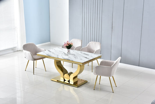 Table Trofy – Pieds gold et plateau effet marbre blanc 180x90x75 cm