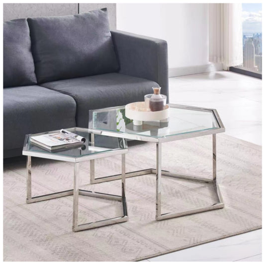 Table Basse Gigogne Hexagona – Chrome & Plateau Transparent 79x40,5 + 59x3
