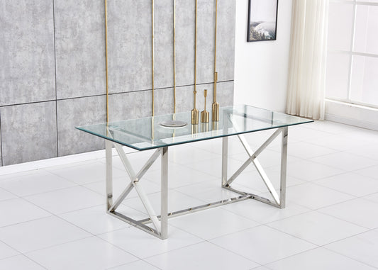 Table repas Kensy – Pieds chrome et plateau transparent 180x90x75 cm