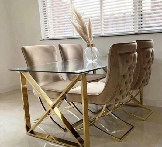 Table repas Kensy – Pieds gold et plateau transparent 180x90x75 cm