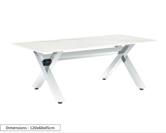 Table Basse IXE – Chrome & Marbre Blanc 120x60x45 cm