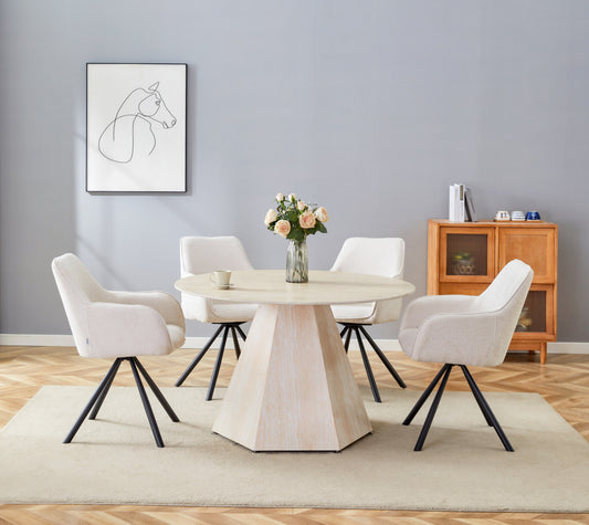 Table de repas Solal – Pied effet travertin et plateau céramique travertin mat Ø120 cm