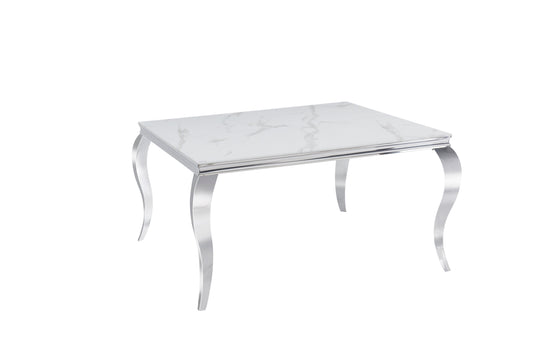 Table de Repas Baroque Carrée – Finition Chrome & Plateau en Marbre Blanc 140x140x75 cm