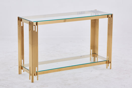 Console Flute en Métal Doré avec Plateau Verre Transparent – 120x40x78 cm