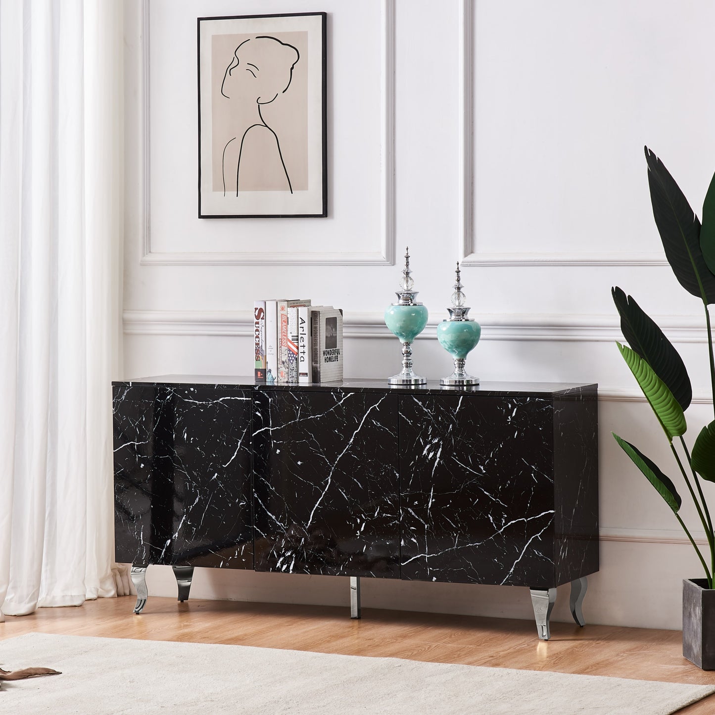 Buffet baroque laqué marbre noir 3 portes 160x40x80 cm – Pieds chromés et design élégant