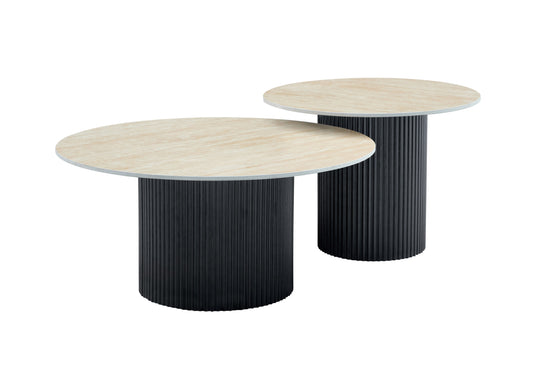 Tables Basses Gigognes Mina – Pieds Noirs & Plateaux en Céramique Effet Travertin Mat (60x45 cm + 80x38 cm)
