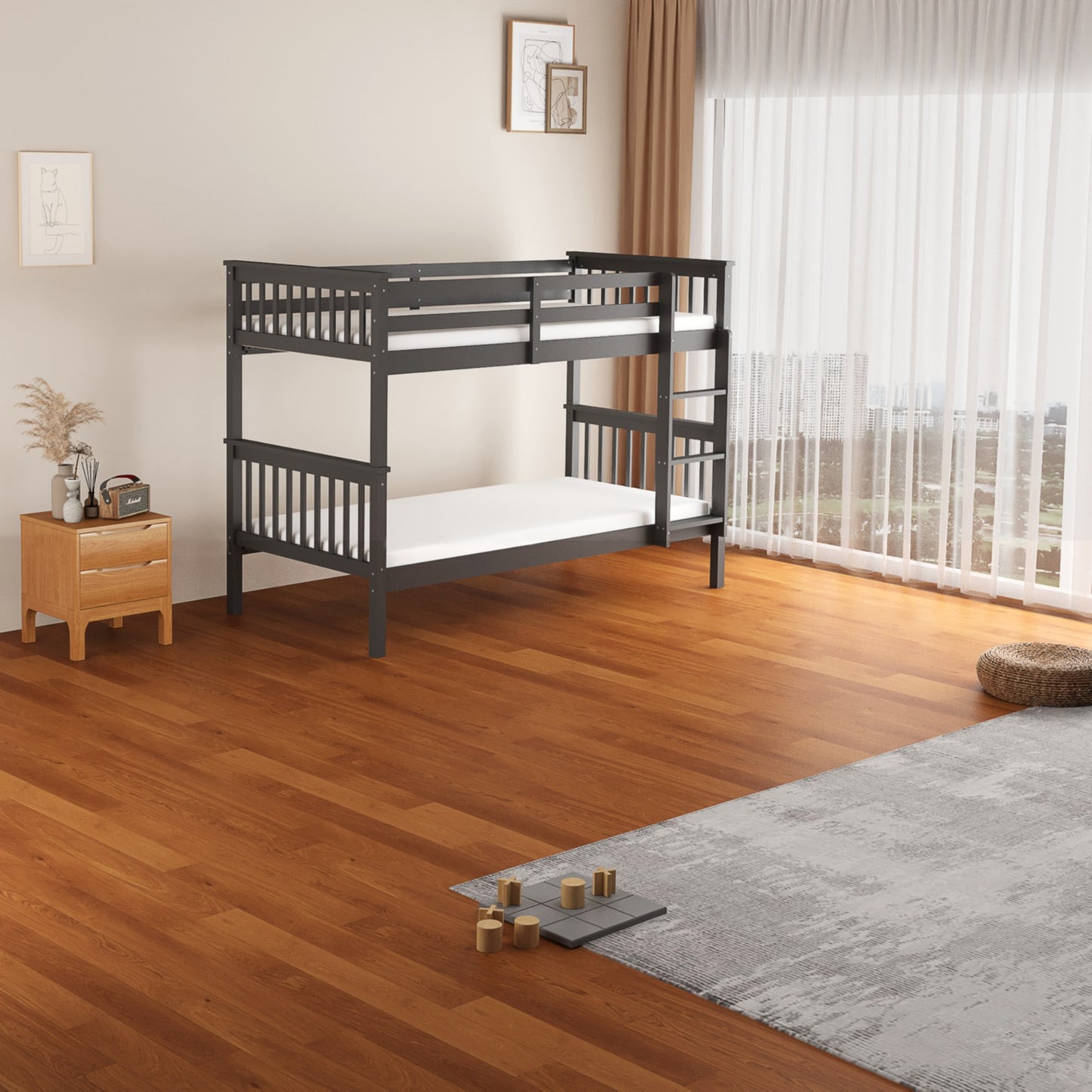 Lit superposé « Batna » en bois 1+1 – Gris – 90x190 cm