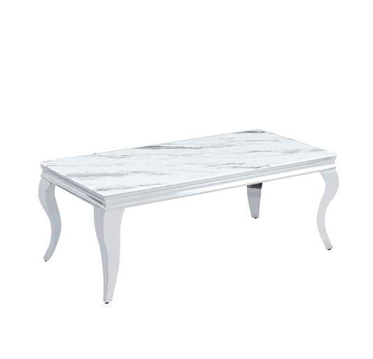 Table Basse Baroque – Chrome & Plateau Céramique Effet Marbre Blanc 120x60x45 cm